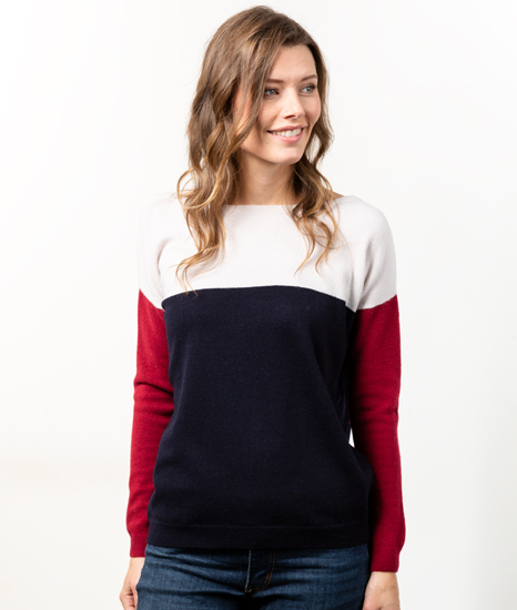 Pull Decollete 2 EN1 Femme Tricolore Merinos Cachemire Marianne