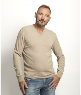 Pull Col V Homme Beige Mérinos-cachemire- César