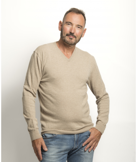Pull Col V Homme Beige Mérinos-cachemire- César