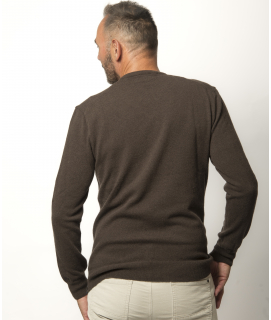 Pull Col V Homme Marron Mérinos-Cachemire-César