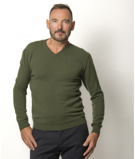 Pull Col V Homme Kaki Mérinos-cachemire- César