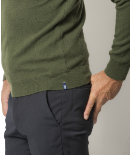 Pull Col V Homme Kaki Mérinos-cachemire- César