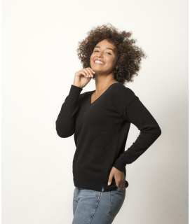 Pull Col V Femme Noir Merinos-Cachemire Margot