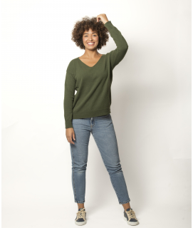 Pull Col V Femme Kaki Merinos-Cachemire Margot
