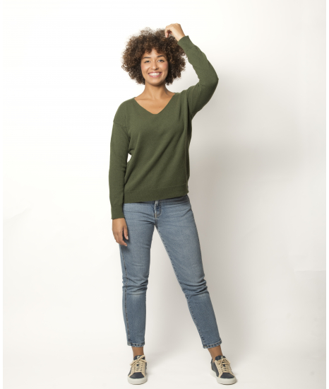 Pull Col V Femme Kaki Merinos-Cachemire Margot