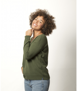 Pull Col V Femme Kaki Merinos-Cachemire Margot