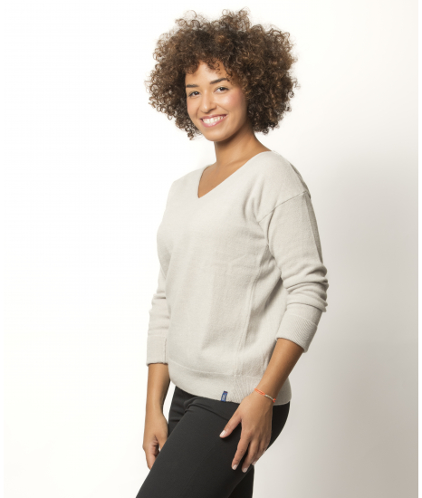 Pull Col V Femme Gris Clair Mérinos-Cachemire Margot