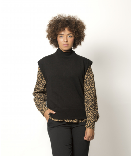 Pull Sans Manches Col Montant Femme Noir Mérinos-Cachemire Agathe