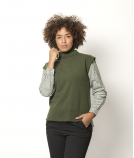Pull Sans Manches Col Montant Femme Kaki Mérinos-Cachemire Agathe