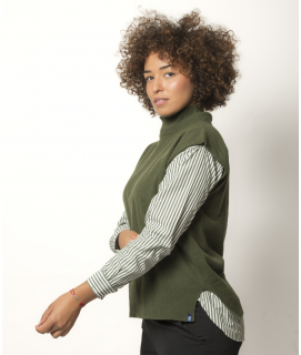 Pull Sans Manches Col Montant Femme Kaki Mérinos-Cachemire Agathe