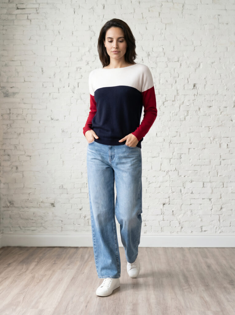pull décolleté 2 en1 femme tricolore merinos cachemire marianne