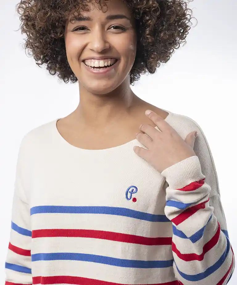 pull col bateau femme Écru coton bio marine
