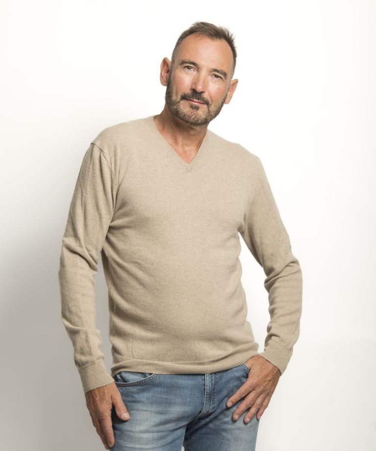 Pull Col V Homme Beige Mérinos-cachemire- César