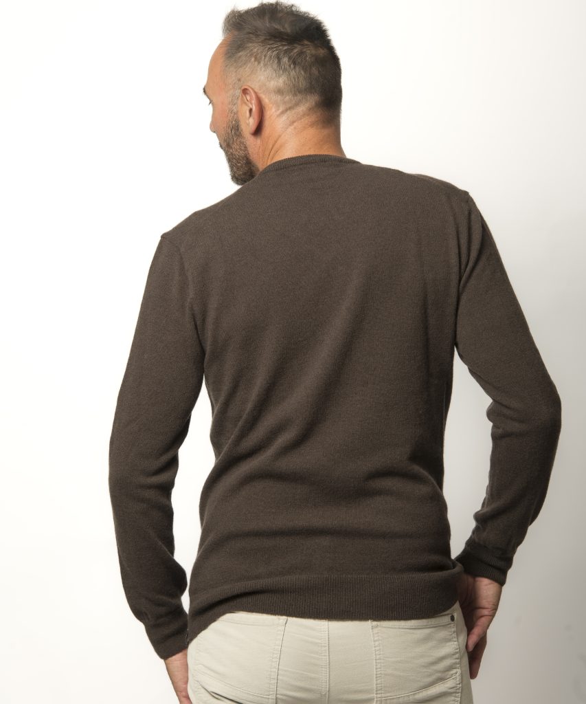 Pull Col V Homme Marron Mérinos-Cachemire-César