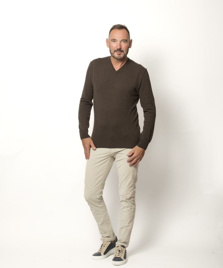 Pull Col V Homme Marron Mérinos-Cachemire-César
