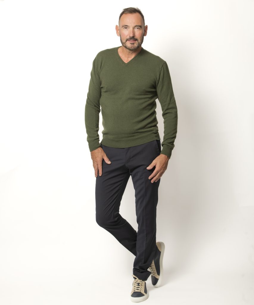Pull Col V Homme Kaki Mérinos-cachemire- César