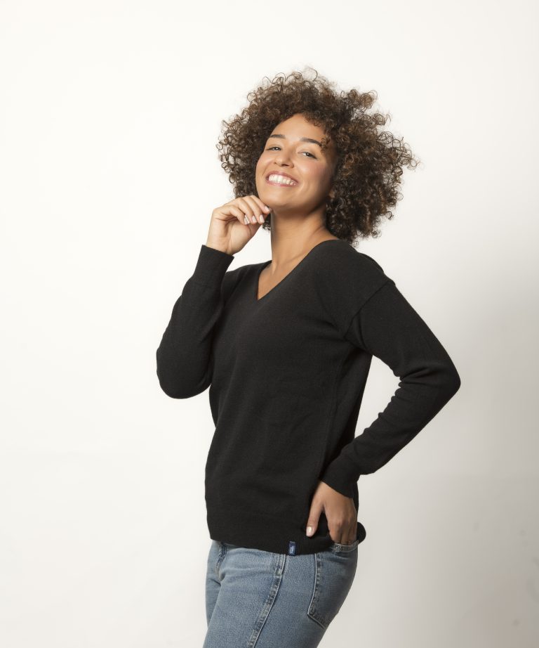 Pull Col V Femme Noir Merinos-Cachemire Margot
