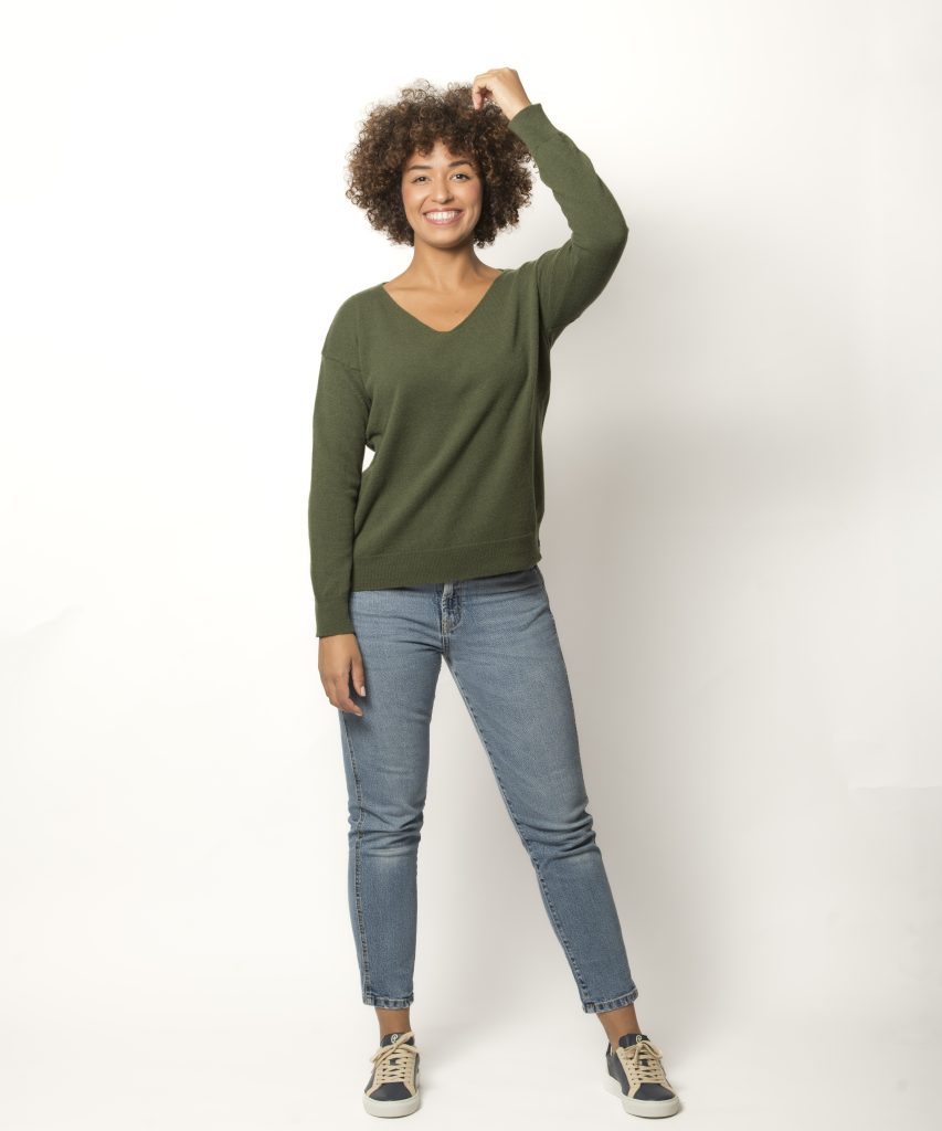 Pull Col V Femme Kaki Merinos-Cachemire Margot