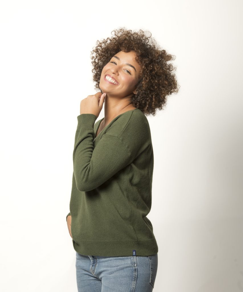 Pull Col V Femme Kaki Merinos-Cachemire Margot