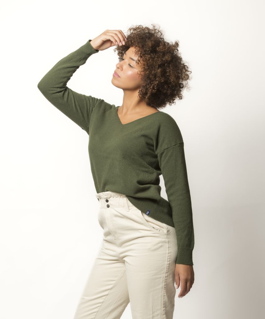 Pull Col V Femme Kaki Merinos-Cachemire Margot