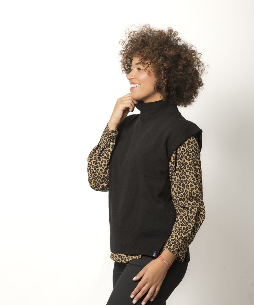 Pull Sans Manches Col Montant Femme Noir Mérinos-Cachemire Agathe