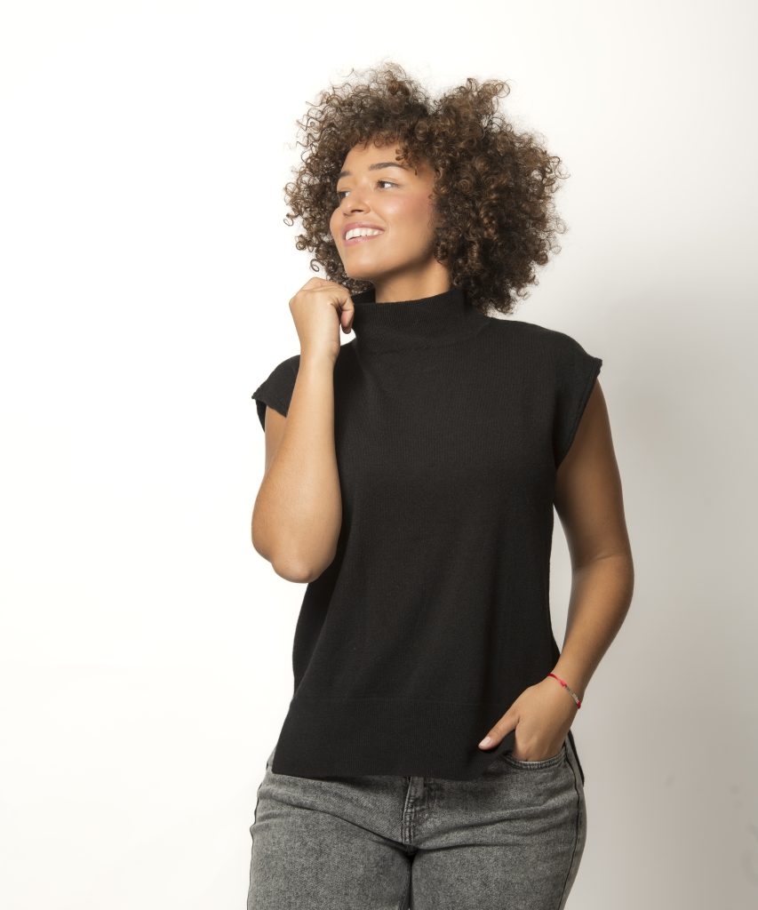 Pull Sans Manches Col Montant Femme Noir Mérinos-Cachemire Agathe